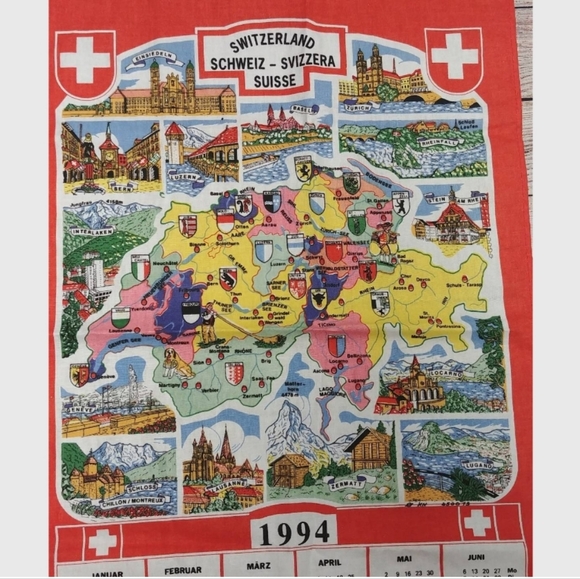 Red Switzerland Calendar Tea Towel 1994 Swiss Map Tea Towel‎ - Picture 3 of 4